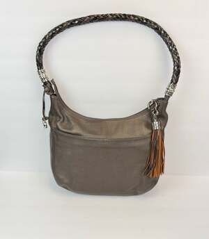 Brighton Barbados Ziptop Hobo Metallic Pewter Leather Bag